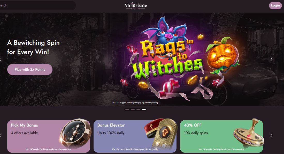 Access Mr Fortune casino homepage featuring promotions bonus offers and game selections