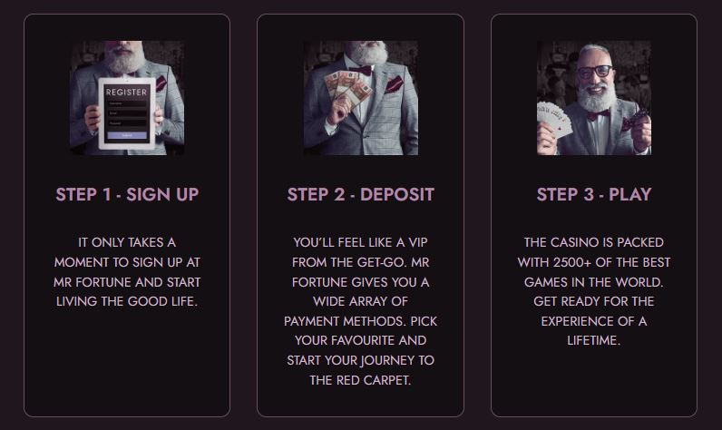 Learn how start playing three steps sign up deposit and play Mr Fortune casino